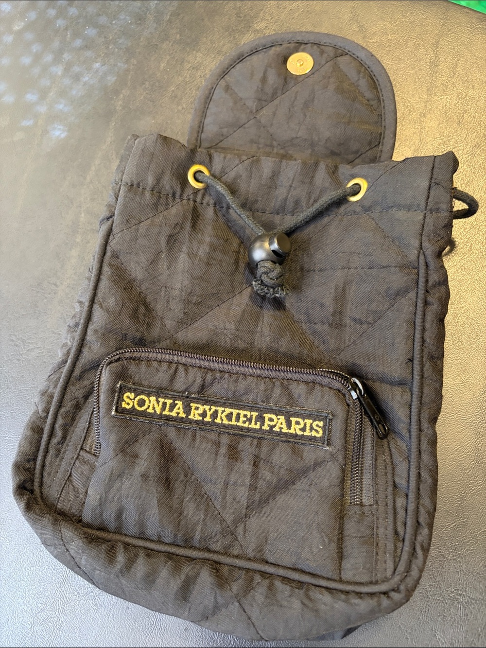 Sonia Rykiel Paris Black Quilted Drawstring Mini Backpack with Gold Embroidery